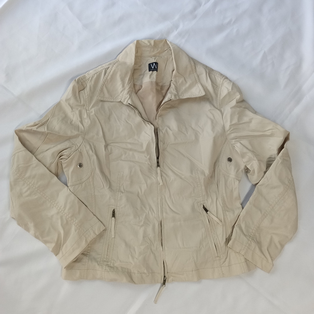 Beige Cream W Work To Weekend Fitted Zip-Up Blazer Jacket Vented With Pockets